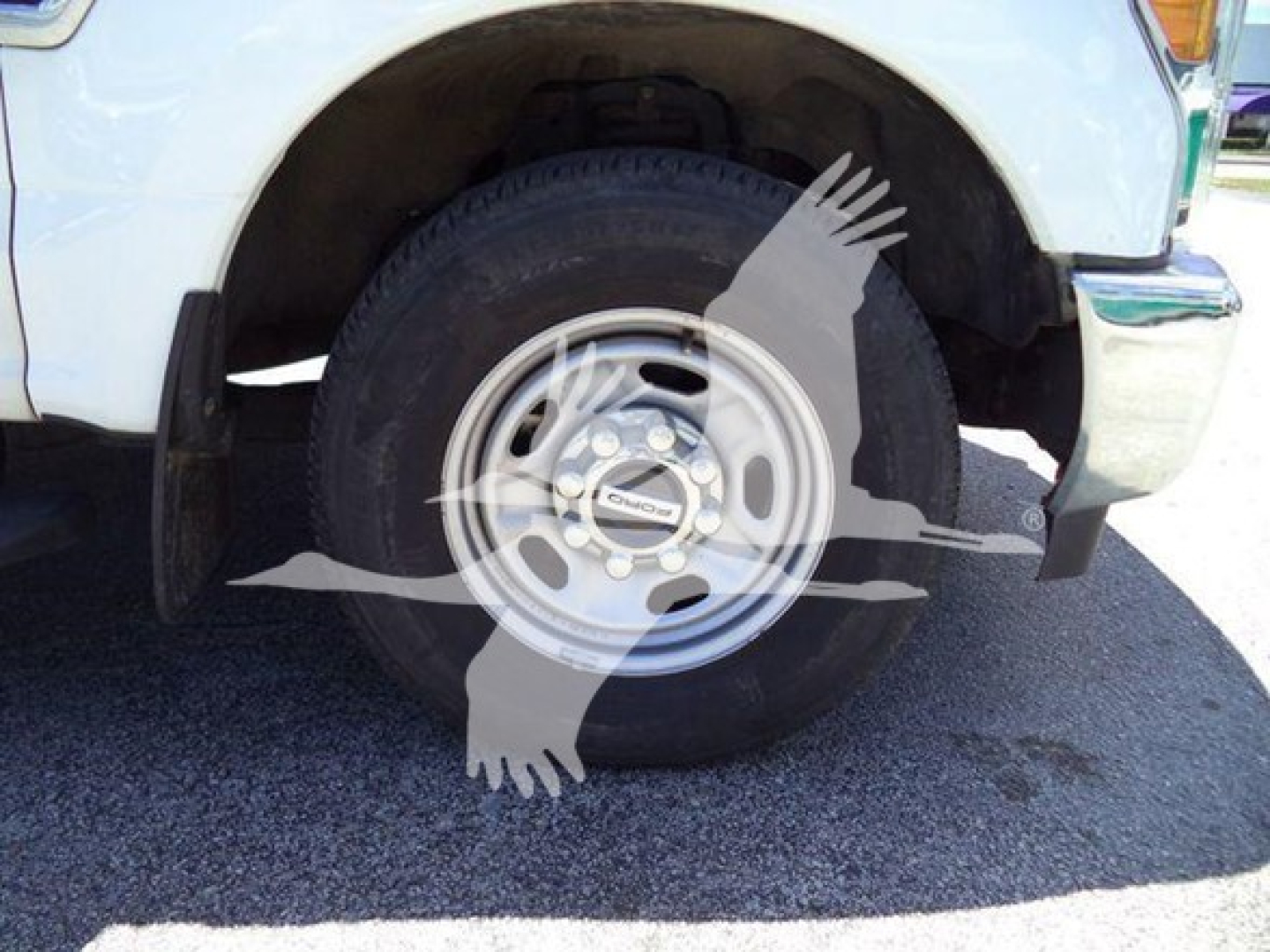 Ford F-250 front wheel and tire view with wheel cover and partial bumper; no-blend image, shows front right wheel and fender.