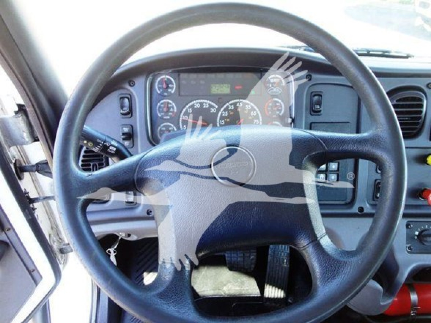 Dashboard and steering wheel of a Freightliner Business Class M2 106 cab interior with gauges and steering wheel center emblem visible.
