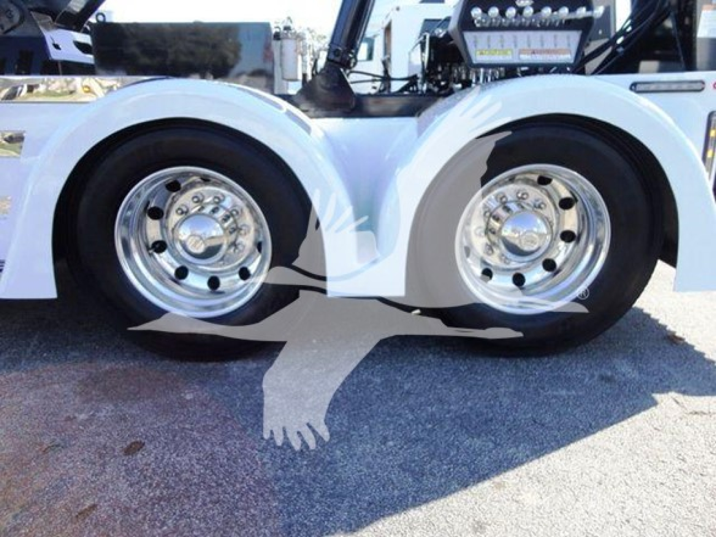 Dual rear wheels of a Freightliner Business Class M2 106 with polished rims and visible chassis components.