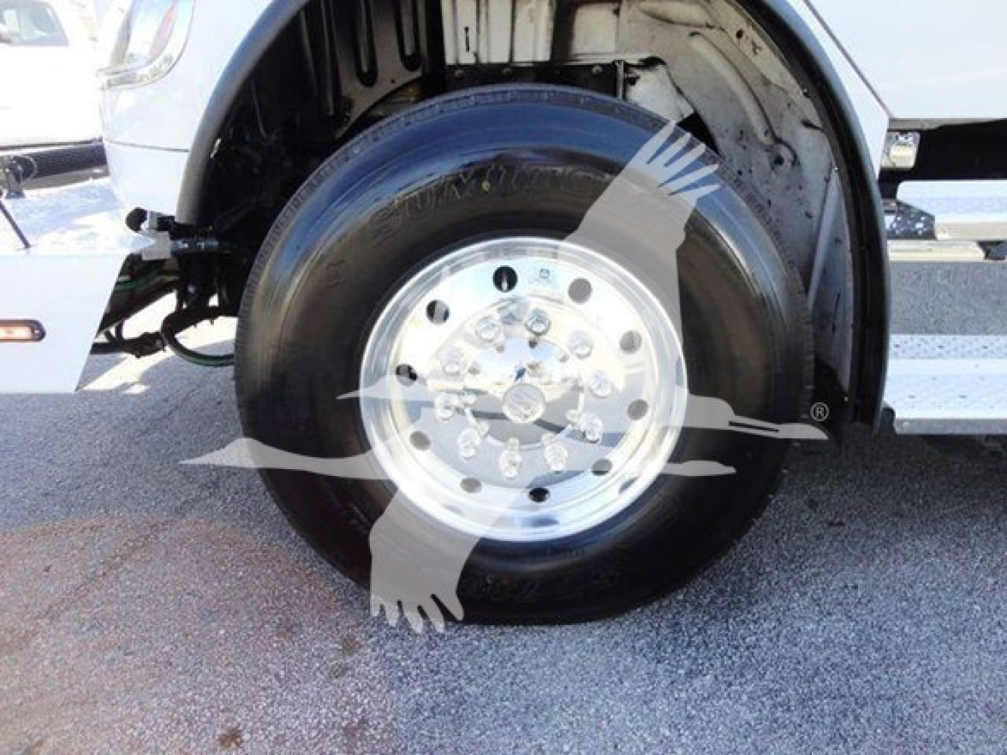Truck wheel close-up showing steel dual rear axle hub and tire, Freightliner branding faintly visible.
