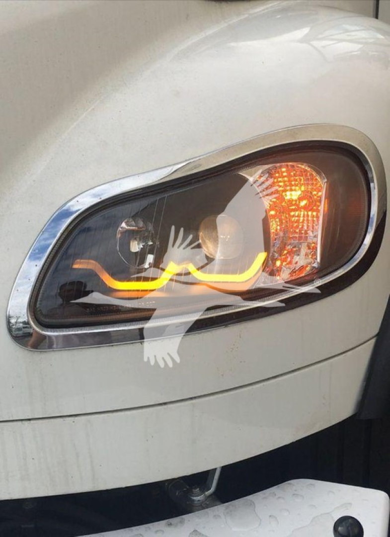 Headlight view of a Freightliner Business Class M2 106 showing a clear headlamp with amber turn indicator.