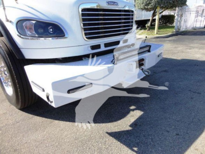 Freightliner Business Class M2 106 front bumper and winch mount showing chrome grille and bumper with winch area