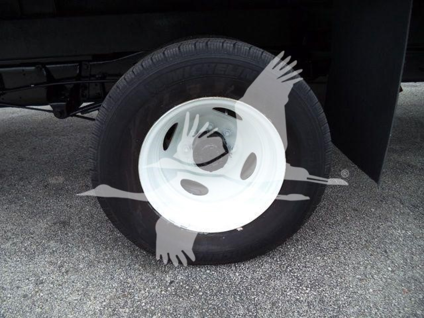 Wheel of a Ford E450 cargo vehicle showing a white steel rim with black tire and a partial undercarriage. No other legible text visible.