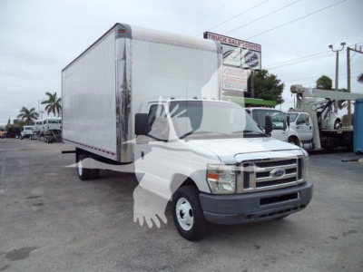 Ford E-Series box truck 2011 with box cargo body and white cab, front view showing grille, headlights, and large cargo box.