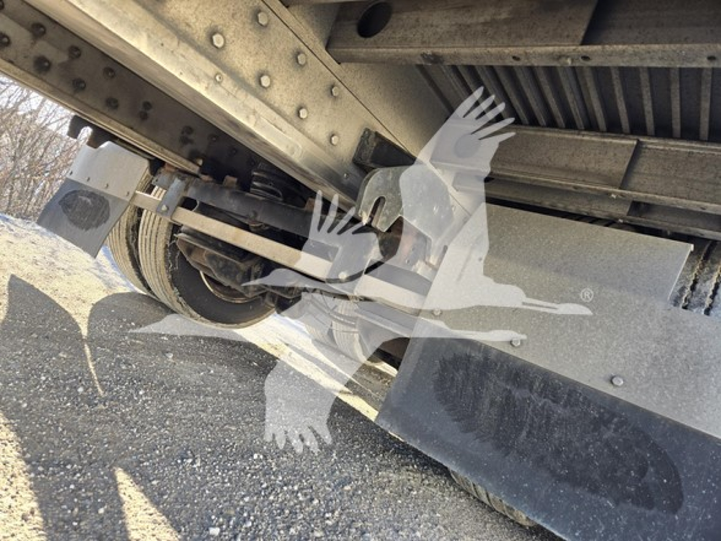Underbelly of a 2019 Reitnouer Dropmiser trailer showing structural beams, suspension, and steel panels.