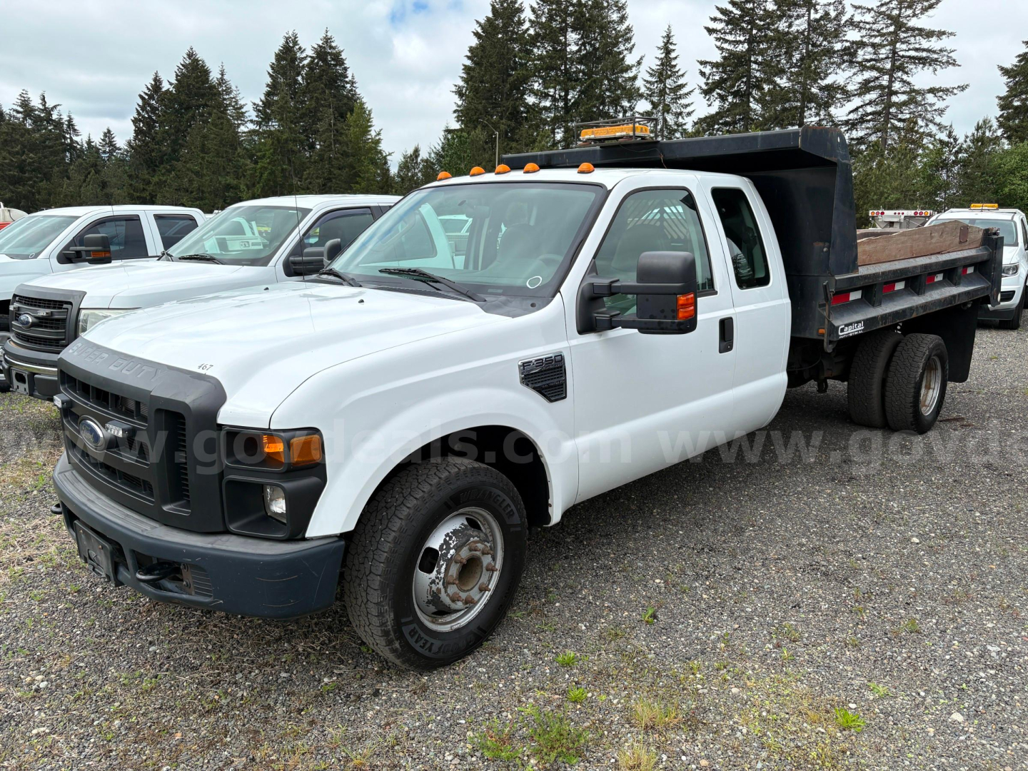 Ford F-350 dump truck in a lot showing white cab, black grille, and dump bed with side rails.