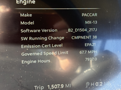 Trucks listing engine panel showing Make PACCAR, Model MX-13, Software Version B2_D1504_217J, SW Running Change CMPONENT 38, Emission Cert Level EPA21, Goverened Speed Limit 67.7 MPH, Engine Hours 7937.0, Trip 1507.9 MI.
