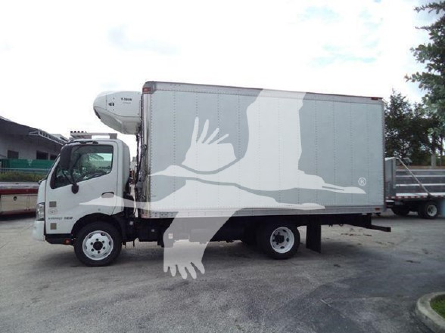 Truck side view of a 2019 Hino 195 refrigerated box truck with a white cab and gray cargo box.