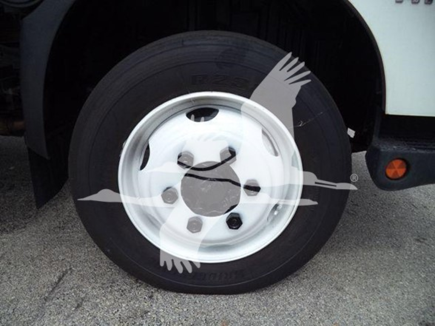 Truck wheel and tire close-up on a 2019 Hino 195 refrigerated truck showing mounted steel wheel and tire side view