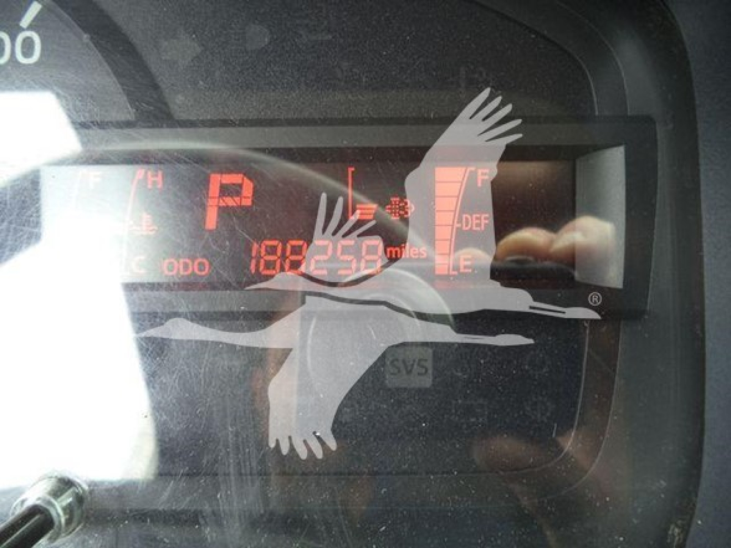 Dashboard display of a 2019 Hino 195 refrigerated truck showing 188,259 miles and gear in Park with orange digital readout