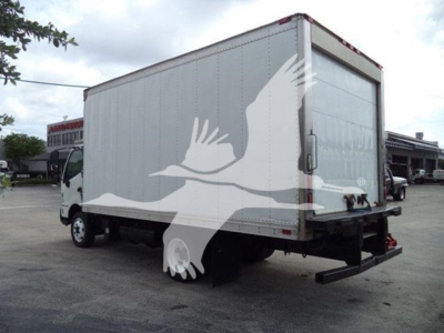 Truck rear view showing refrigerated box with side door and rear bumper, 2019 Hino 195 refrigeration truck