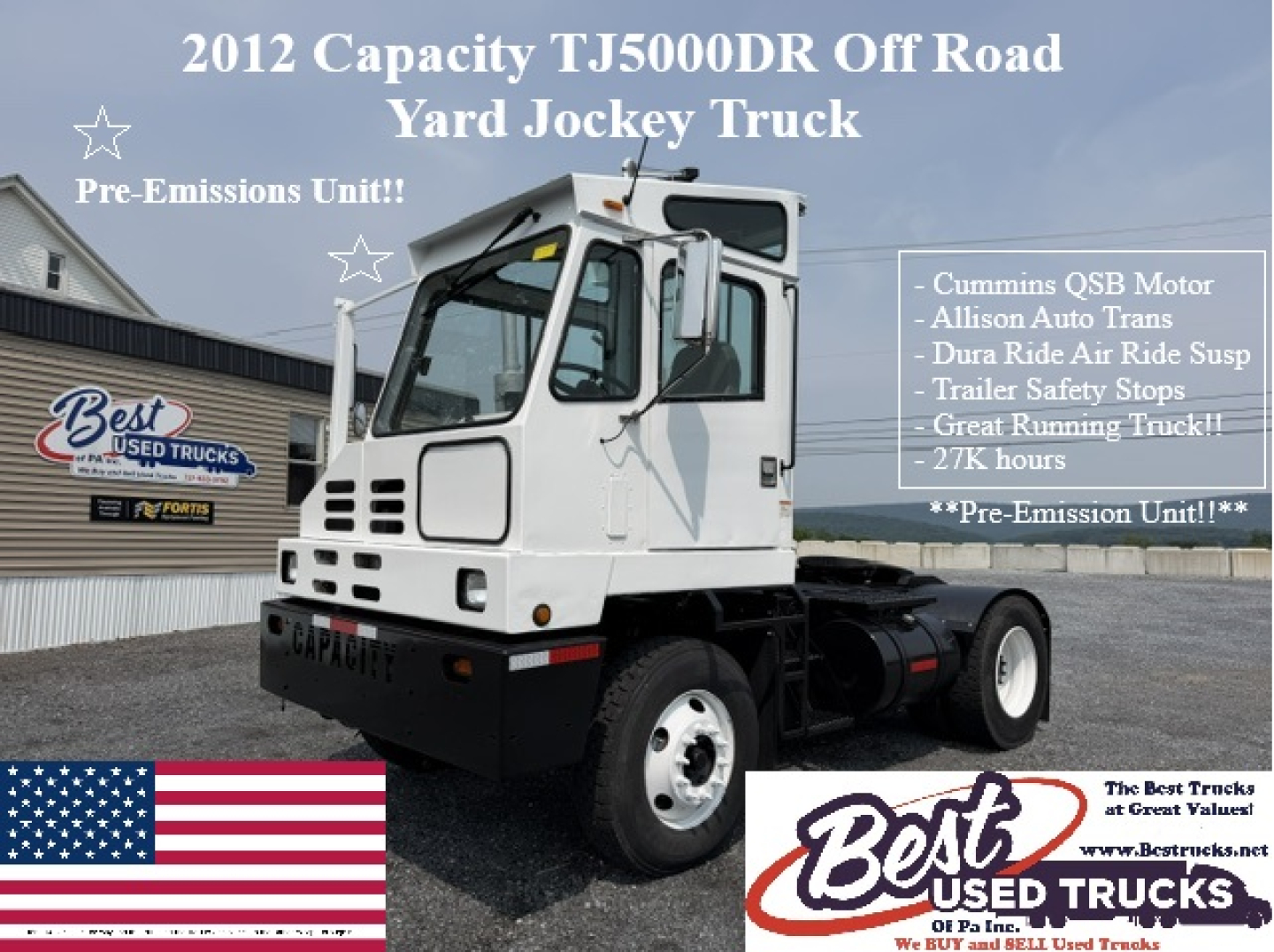 2012 Capacity TJ5000 off-road yard jockey truck in white cab, front view, with text overlays listing specs and brand features.