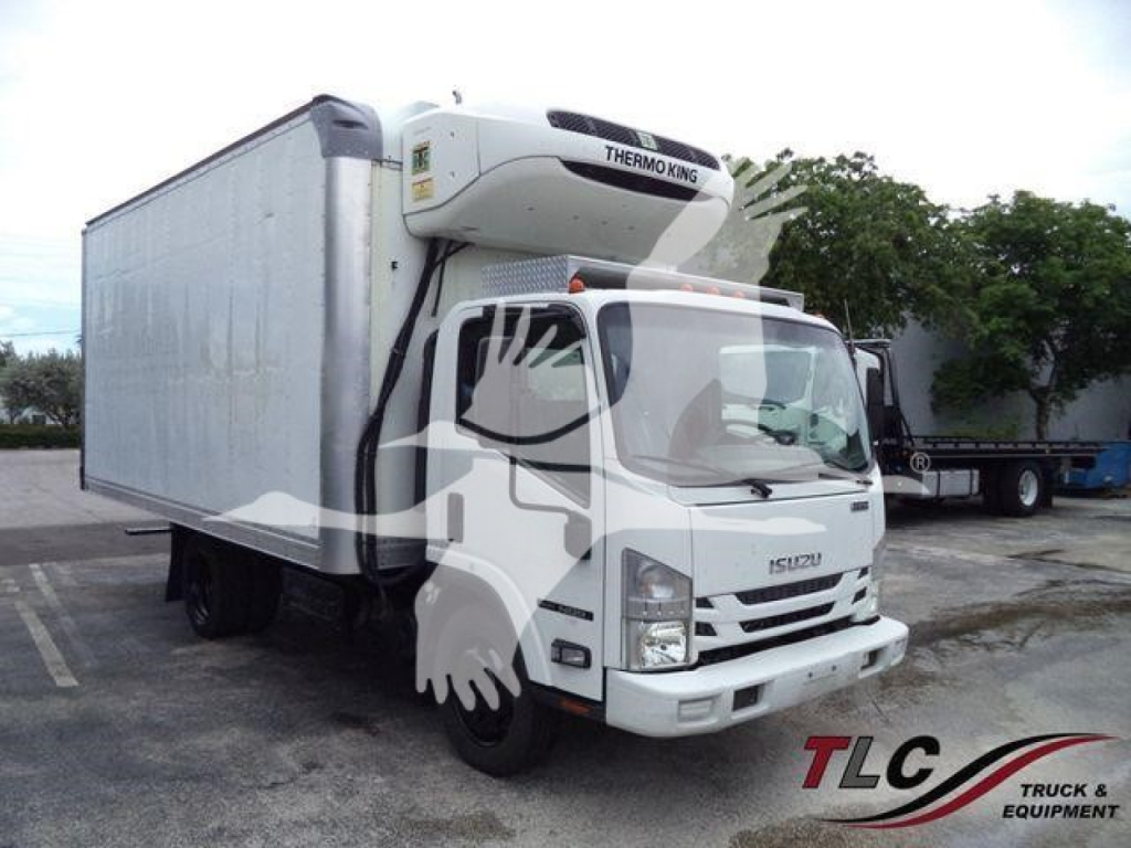 Isuzu NQR refrigerated truck with Thermo King unit mounted on cab front, white cab and box, side view showing refrigeration trailer.