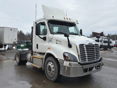 White 2017 Freightliner Cascadia 113 conventional daycab truck showing front view with chrome grille and hood raised.