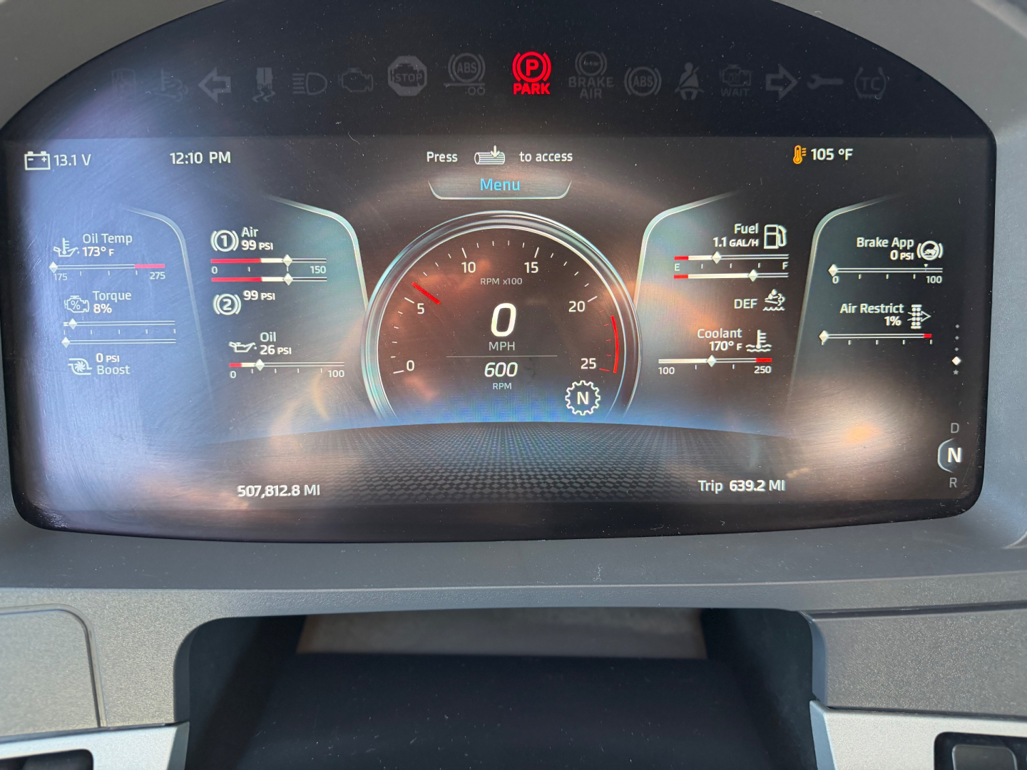 Kenworth T680 dashboard display showing digital gauges, speedometer at 0 MPH, fuel and DEF indicators, and oil/coolant gauges.