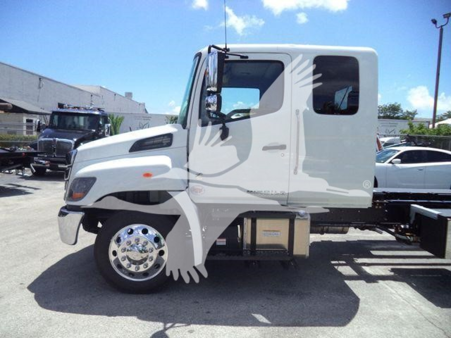 Truck cab side profile with white/gray camouflage paint. Visible text: none. Vehicle appears to be a new Hino L6 rollback truck.