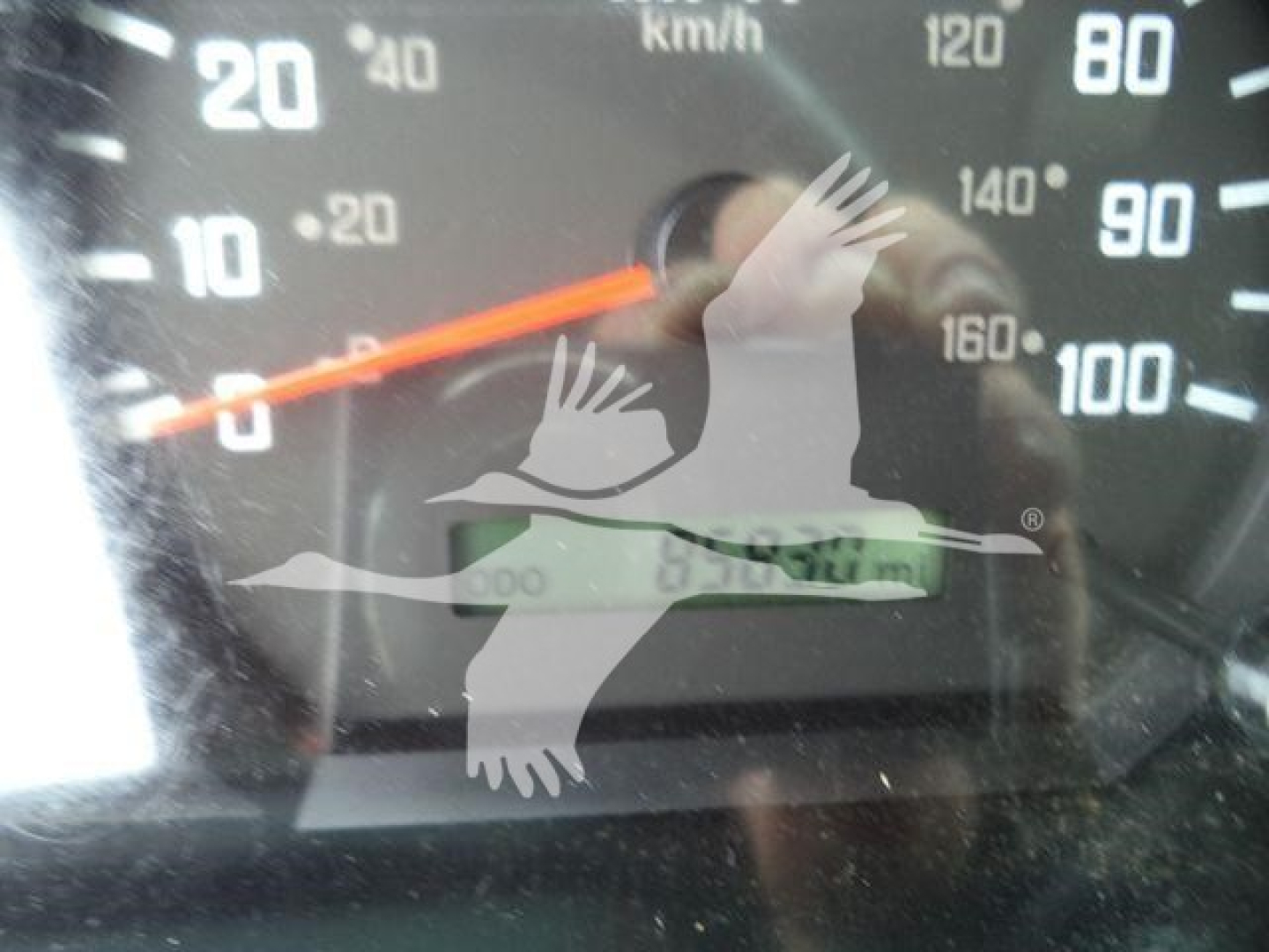 Dashboard gauge cluster showing speedometer in mph and a digital odometer reading, with a reflection overlay. The image includes numbers 0-120 mph and a red needle near 0, plus faint trip/truck display beneath.