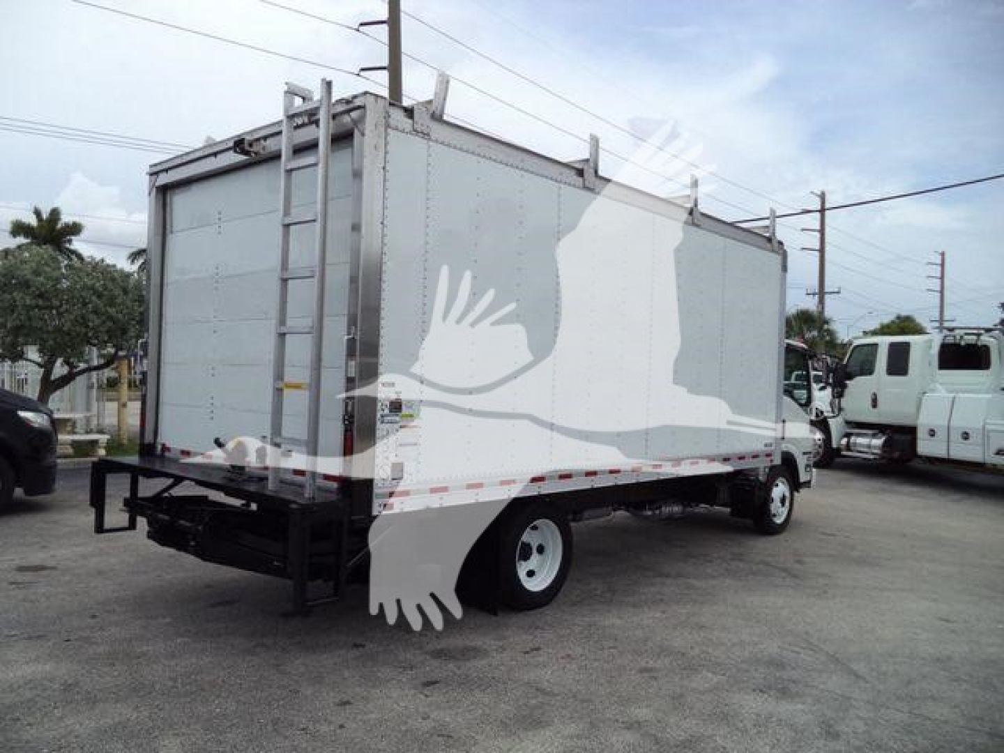 Isuzu NPR-HD box truck viewed from rear-left showing cargo box and ladder
