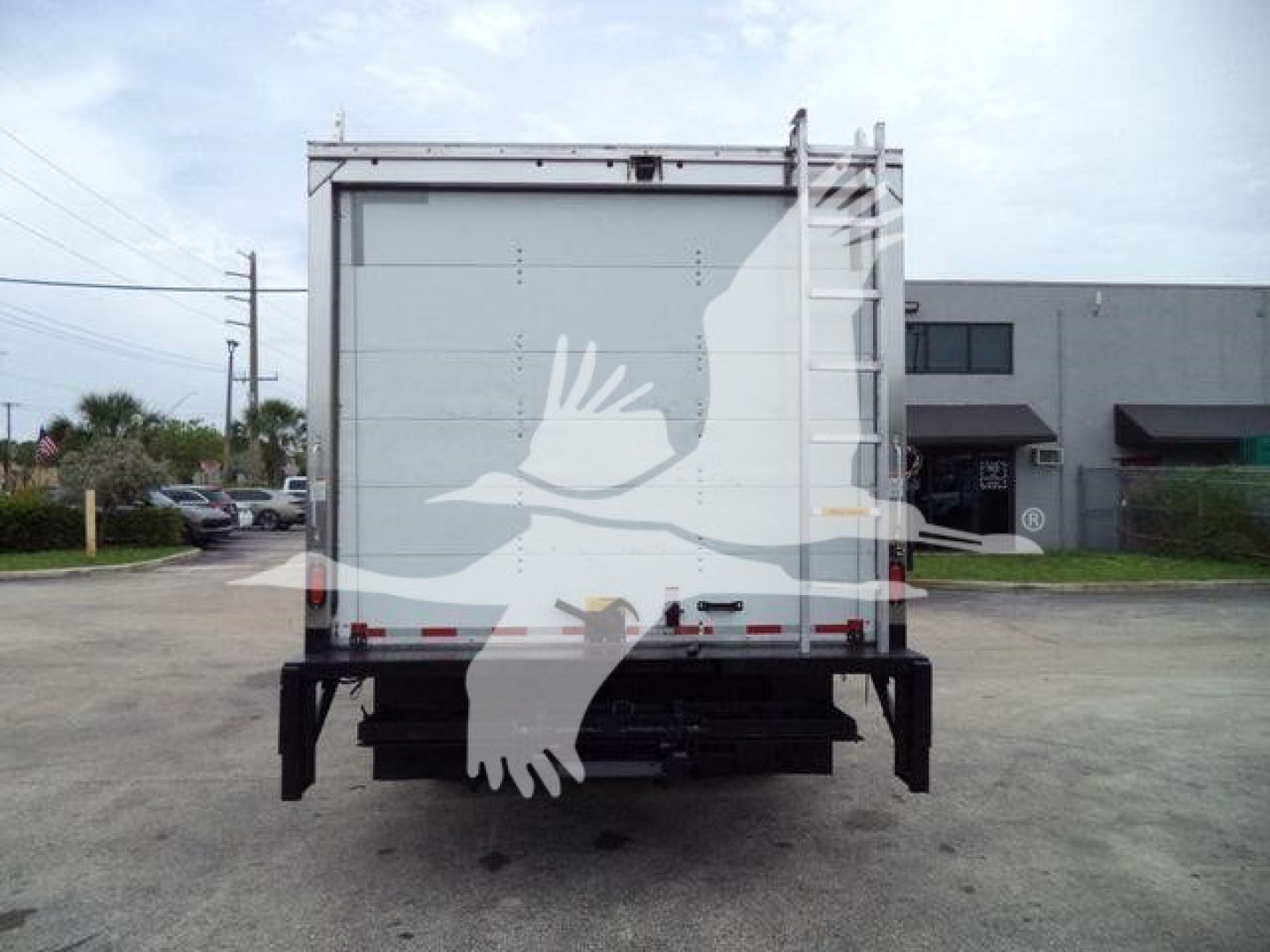 Isuzu NPR HD box truck rear view showing closed roll-up door and undercarriage frame.