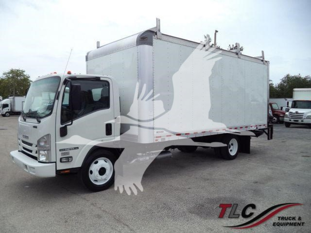 Isuzu NPR HD box truck showing cargo box with white and gray paint and side graphic, front cab and dual rear wheels visible.