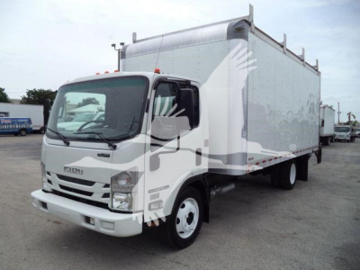 Isuzu NPRHD box truck with cargo box showing front and side, stock number T14653FM in a used category.