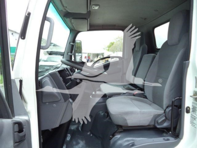 Isuzu NPR-HD truck cab interior view showing driver's seat and passenger seat with dashboard and steering wheel.