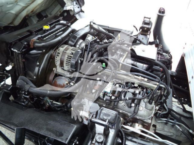 Isuzu NPR-HD engine bay showing turbo diesel engine with serpentine belt, alternator, and various hoses; view from driver side with hood open.