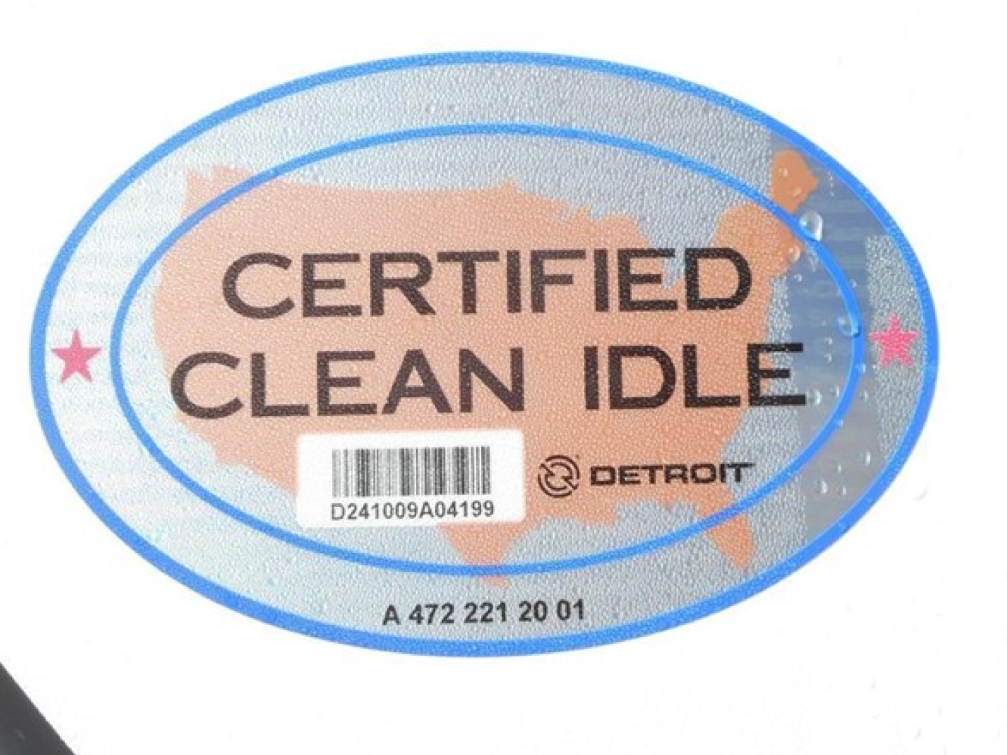 Oval sticker reading CERTIFIED CLEAN IDLE with barcode and Detroit logo.