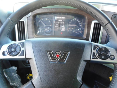Steering wheel of a Western Star truck with instrument cluster visible behind. Center emblem shows Western Star logo on the steering wheel, with multi-function control pads on both sides.