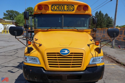 Front view of 2018 Blue Bird Vision school bus showing yellow body, black bumper, and 'SCHOOL BUS' sign above windshield.