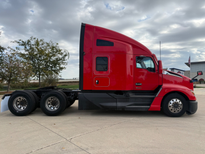 Kenworth T680 sleeper cab tractor in red, side profile view, with dual rear axles and chassis visible.