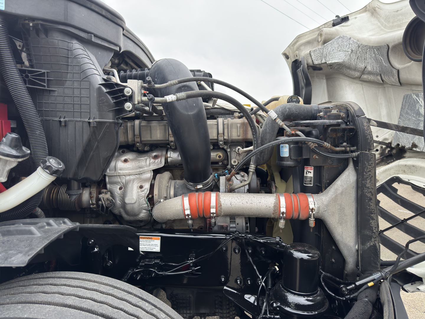 Engine bay of a Freightliner Cascadia 126 truck showing intercooler piping, turbocharger, coolant hoses, and radiator area.