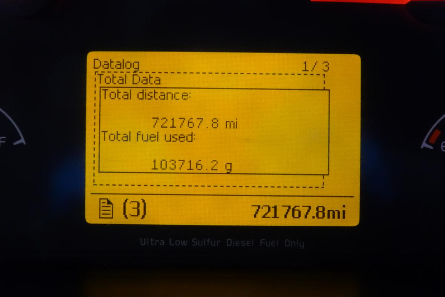Dashboard display showing total distance 721,767.8 mi and total fuel used 1,037,716.2 q with 'Ultra Low Sulfur Diesel Fuel Only' text.