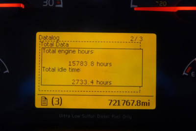 Volvo VNM truck dashboard display showing Total engine hours 15783.8, Total idle time 2733.4, odometer 721767.8 mi, Datalog 2/3 panel.