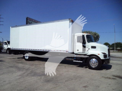 Box truck with white cab and large rectangular cargo area, MD6 model box truck on lot.