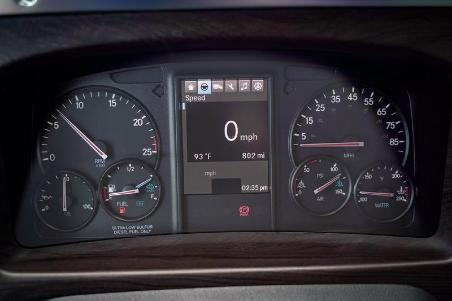 Pickup of Western Star 47X instrument cluster showing digital display with speed 0 mph, external gauges for RPM, fuel, coolant, and air pressure.