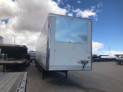 Utility trailer flat side view with a raised front jack and a small window on the nose, white exterior, no visible branding.