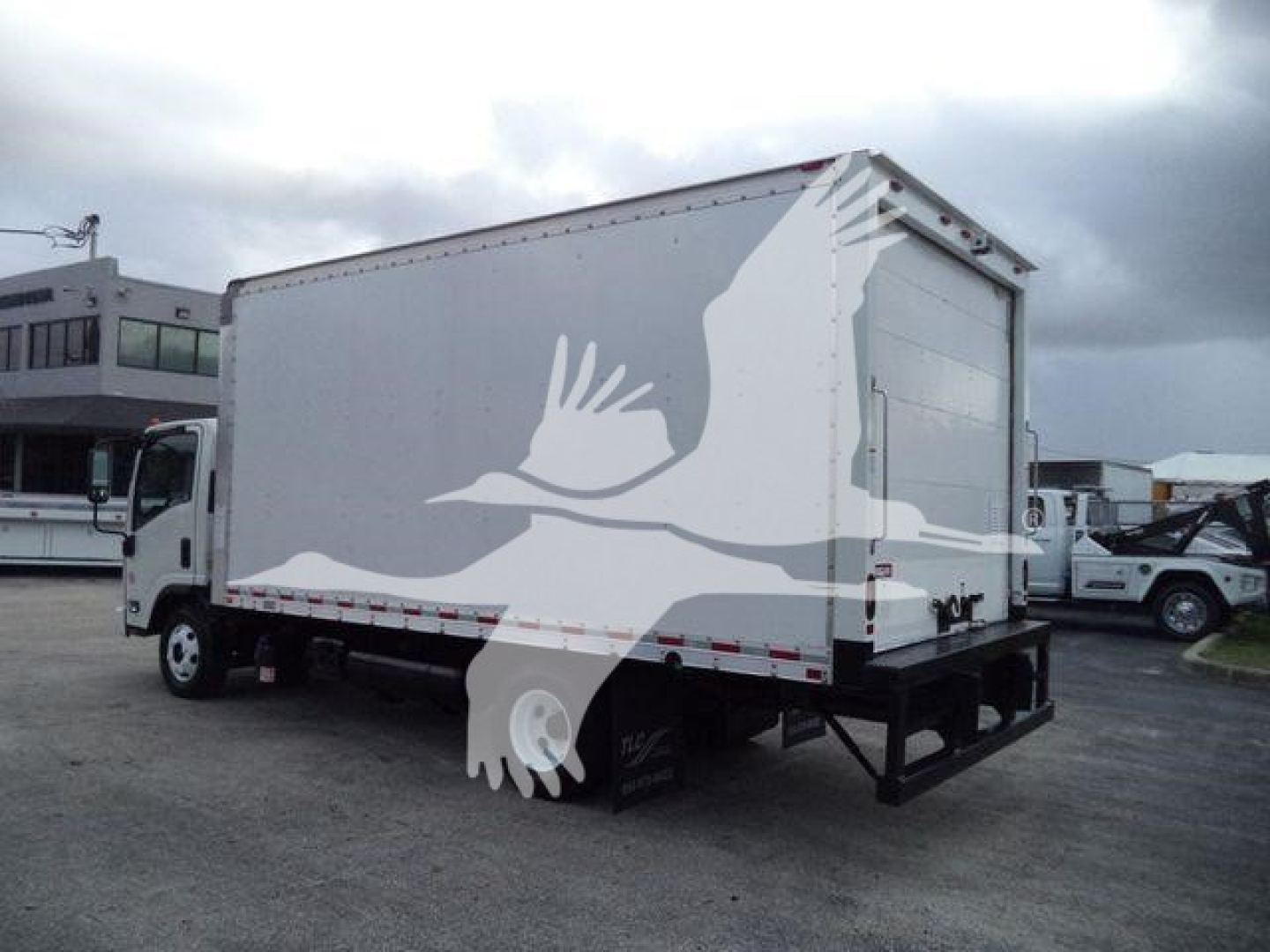 Box truck with a large rear roll-up door and white cargo box viewed from rear-right; Isuzu NPR HD body style.