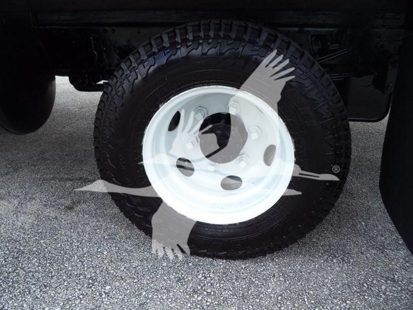 Isuzu NPR HD truck wheel showing white steel wheel and off-road tire, undercarriage visible