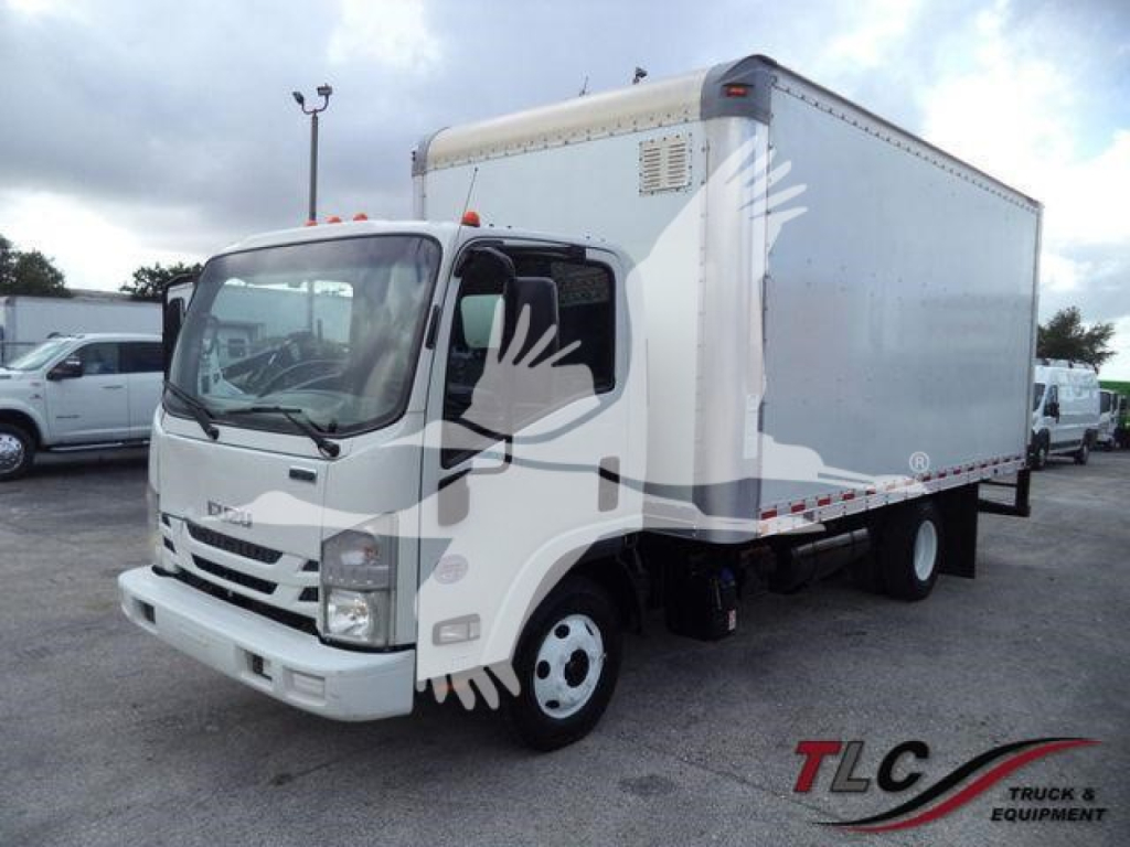 Isuzu NPR HD box truck in side-angle view showing cab and cargo box with front grille and headlights visible.