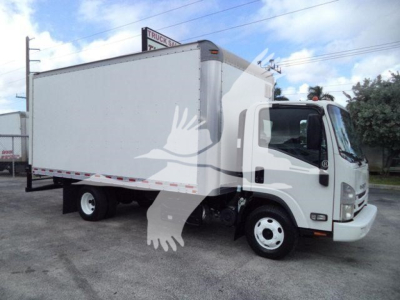 Isuzu NPR HD box truck side view showing cargo box and cab with white exterior.