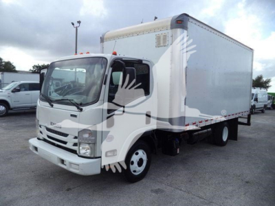 Isuzu NPR-HD box truck in view showing cab and cargo box, with stock number T11138FM on lot.