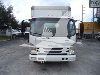 Isuzu NPR-HD box truck front view showing cab and cargo area, white color with Isuzu badge on grille.
