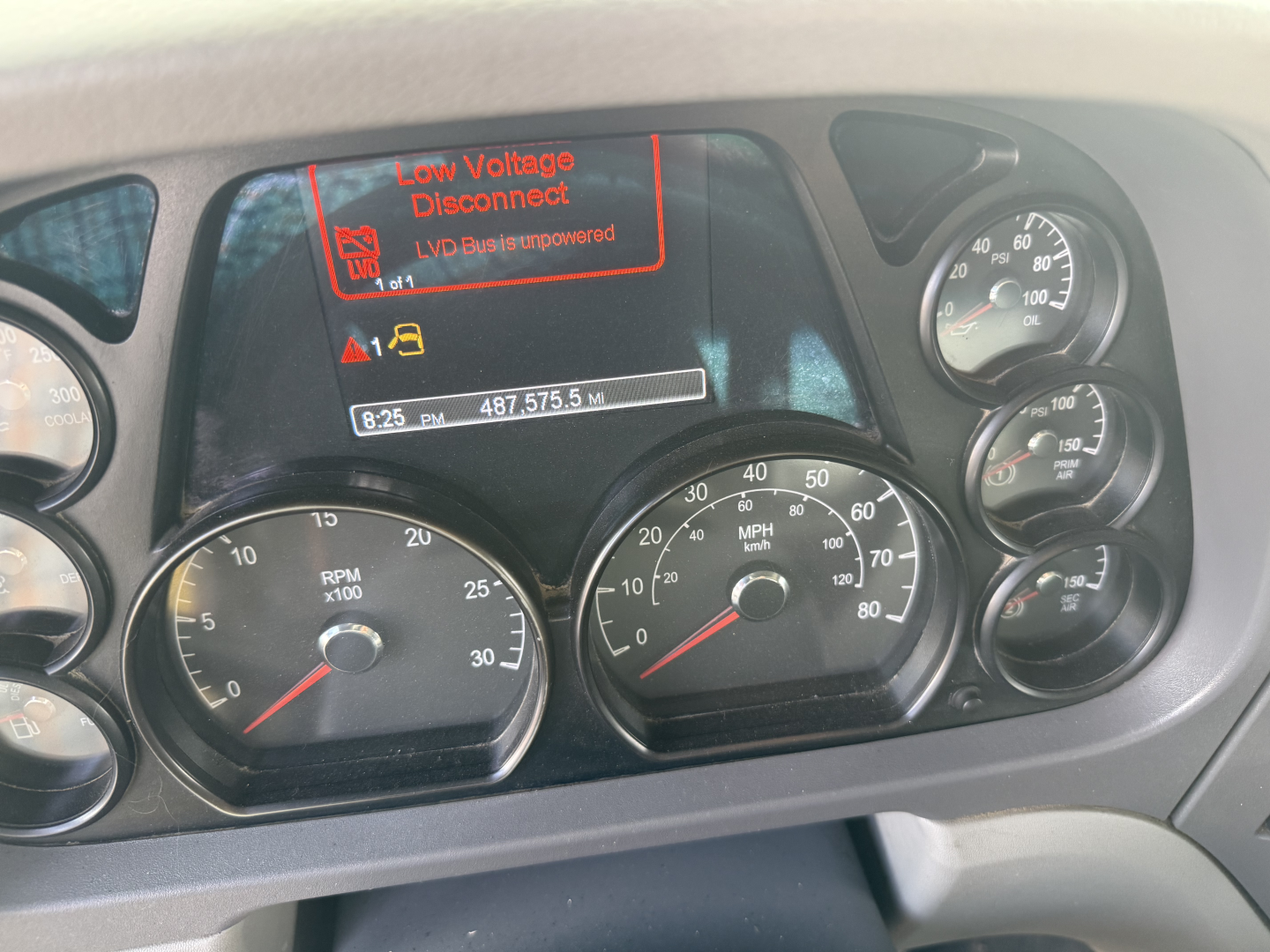 Peterbilt 579 instrument cluster with warning display reading 'Low Voltage Disconnected' and multiple gauges; cab interior dash view.