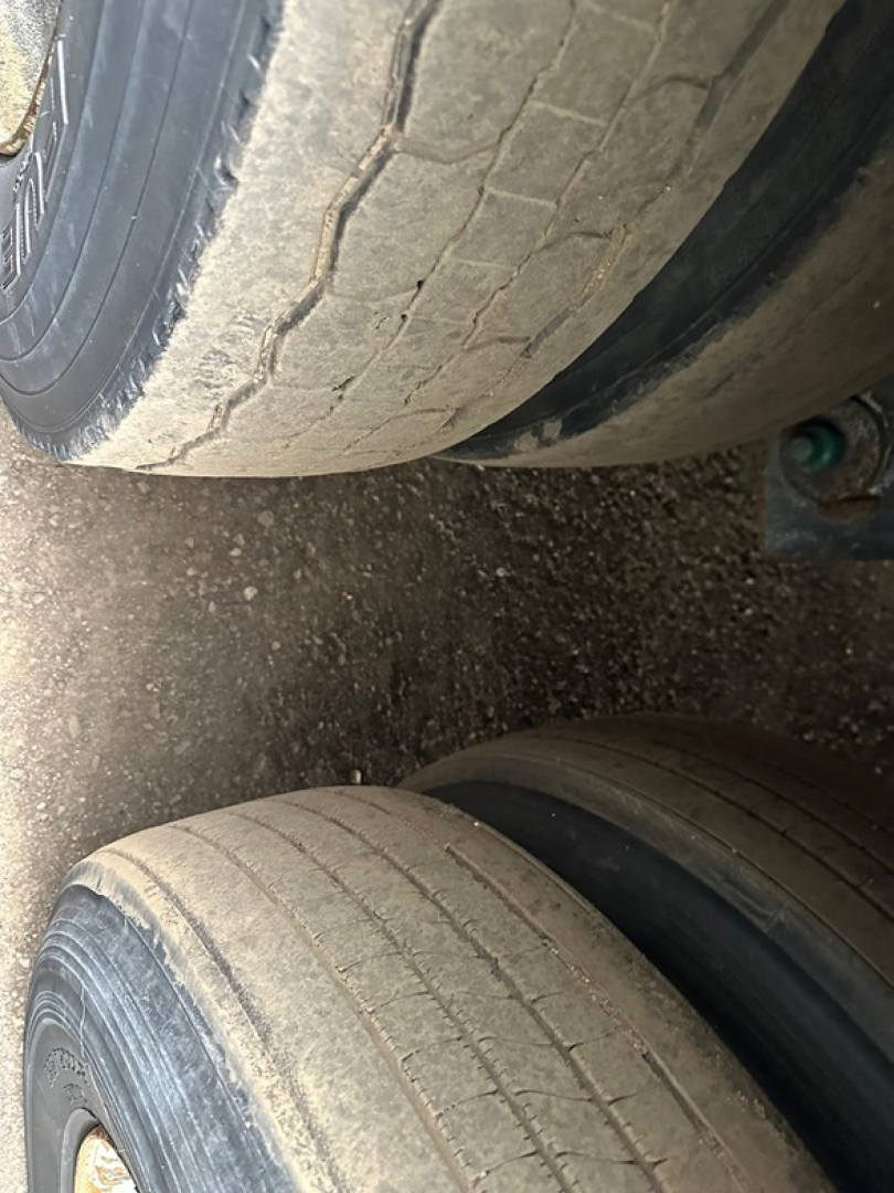 Great Dane Champion trailer wheel area showing dual tires with tread and sidewall details visible