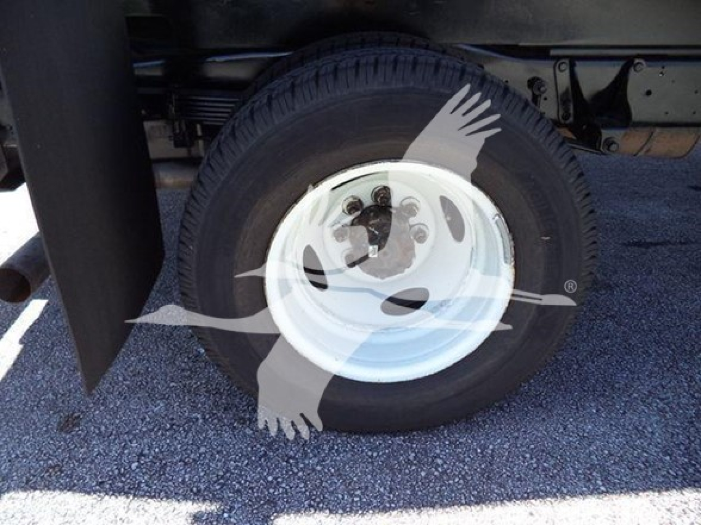 Ford E450 wheel and tire visible under truck, white steel wheel with black tire, part of dumping truck chassis.