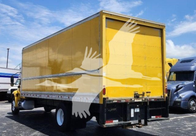 Box truck rear and side view showing yellow cargo box and black bumper with taillights.