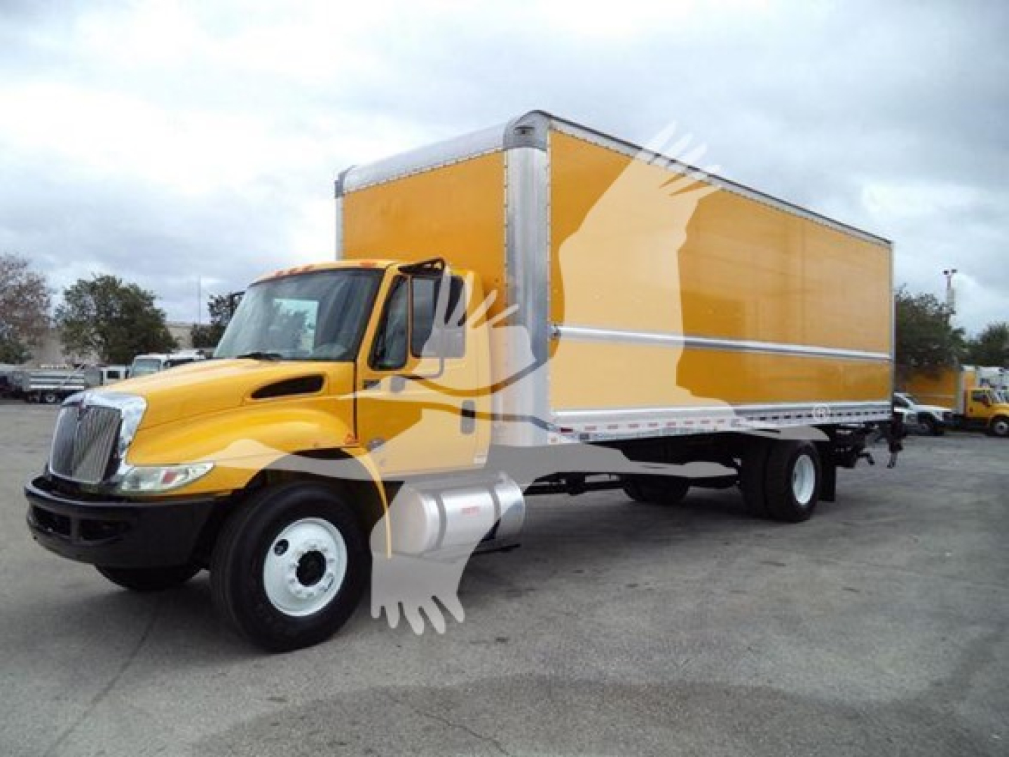 Box truck 2019 International Durastar 4300 yellow cargo box side view showing cab and chassis with VIN and stock number not visible in image