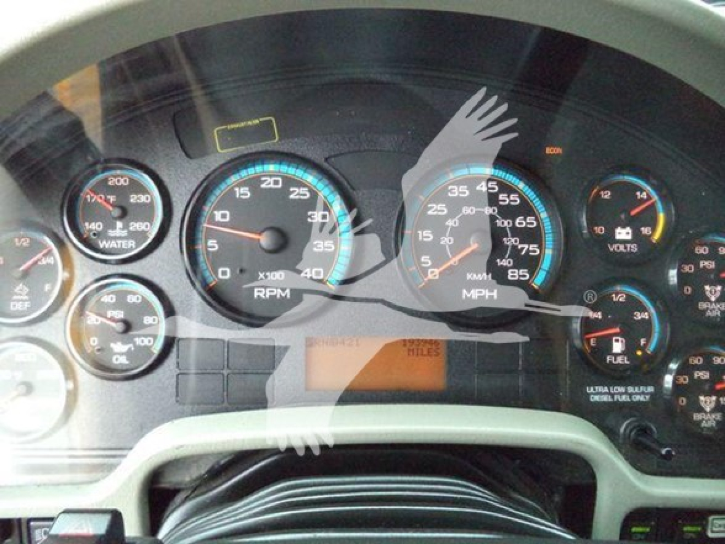 Dashboard of a 2019 International Durastar 4300 showing gauges including RPM, MPH, water, volts, fuel; odometer not readable; small digital display area with 'Miles' label.
