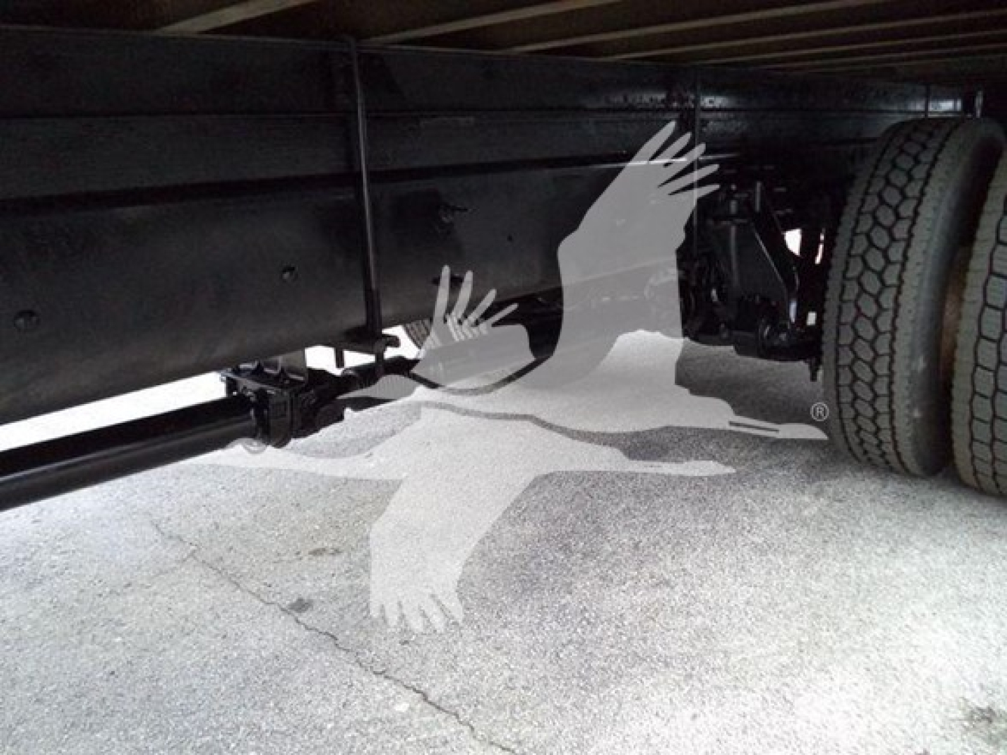 Truck undercarriage showing chassis rails and rear wheel of a 2019 International Durastar 4300 box truck.